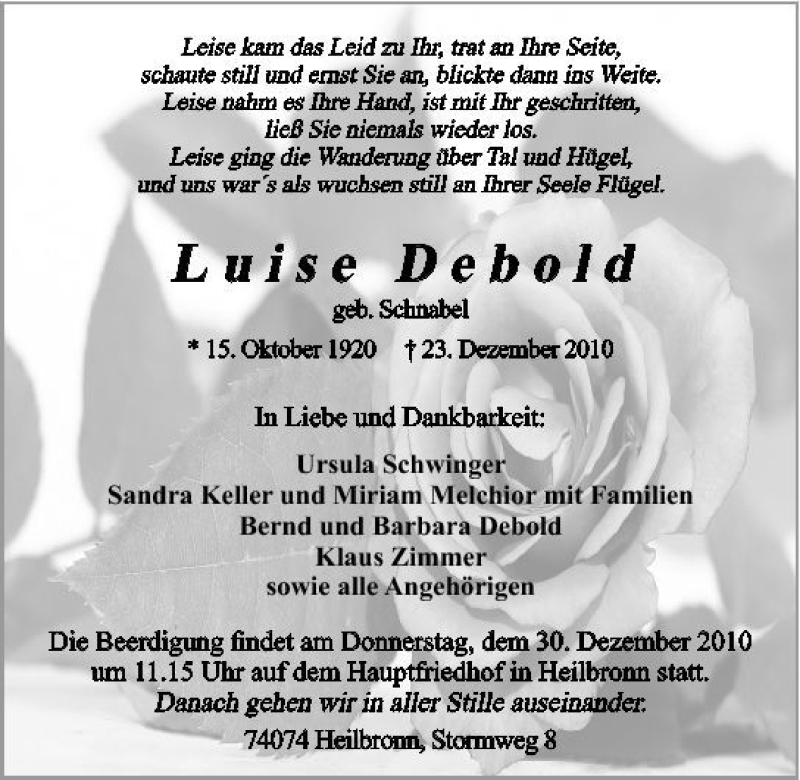  Traueranzeige für Luise Debold vom 27.12.2010 aus 
