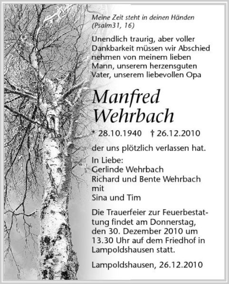  Traueranzeige für Manfred Wehrbach vom 28.12.2010 aus 