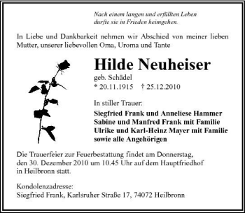 Traueranzeige von Hilde Neuheiser 