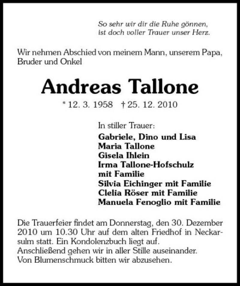  Traueranzeige für Andreas Tallone vom 28.12.2010 aus 