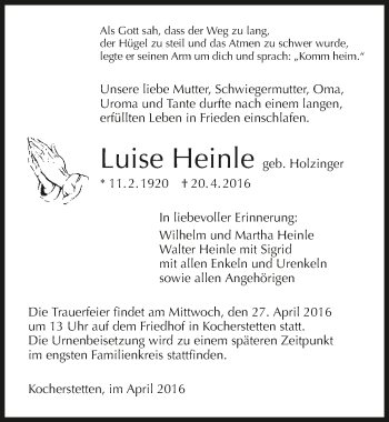 Traueranzeige von Luise Heinle 