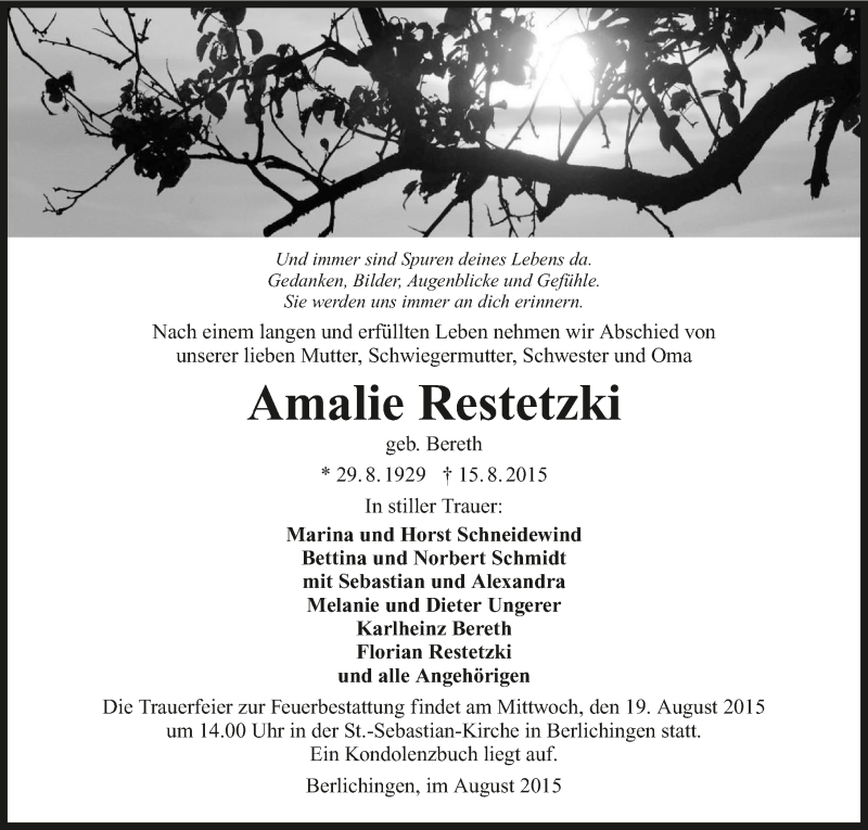  Traueranzeige für Amalie Restetzki vom 18.08.2015 aus 