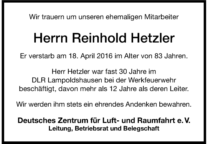  Traueranzeige für Reinhold Hetzler vom 30.04.2016 aus 