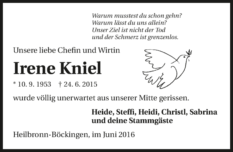  Traueranzeige für Irene Kniel vom 07.07.2015 aus 