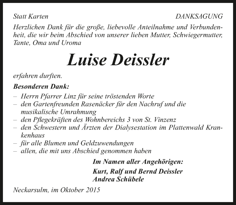  Traueranzeige für Luise Deissler vom 28.10.2015 aus 