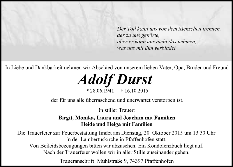  Traueranzeige für Adolf Durst vom 19.10.2015 aus 