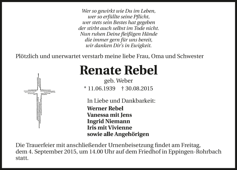  Traueranzeige für Renate Rebel vom 01.09.2015 aus 