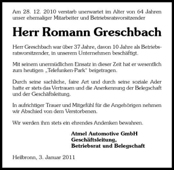 Traueranzeige von Romann Greschbach 