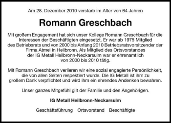 Traueranzeige von Romann Greschbach 