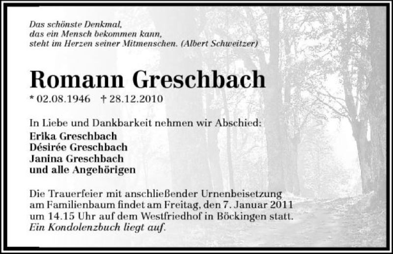  Traueranzeige für Romann Greschbach vom 04.01.2011 aus 