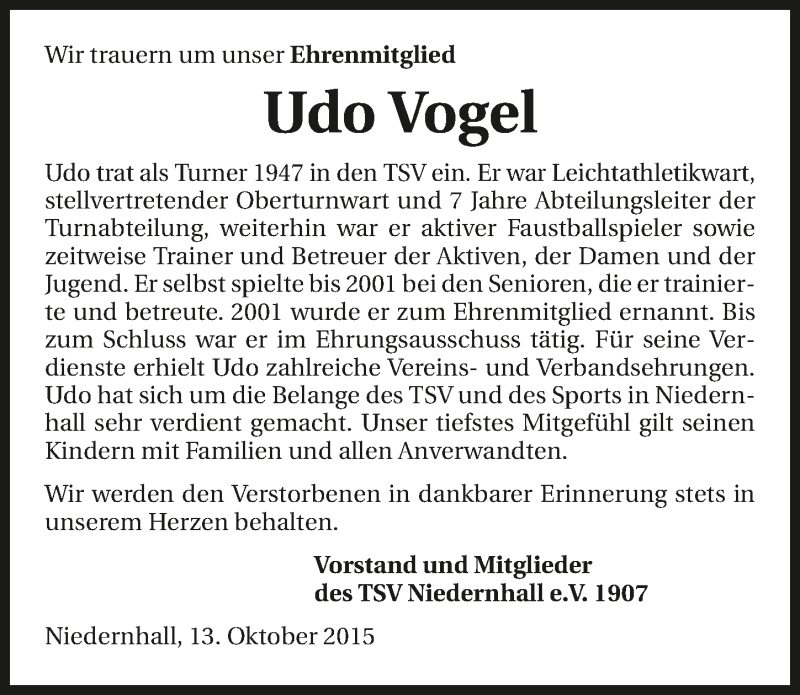  Traueranzeige für Udo Vogel vom 14.10.2015 aus 