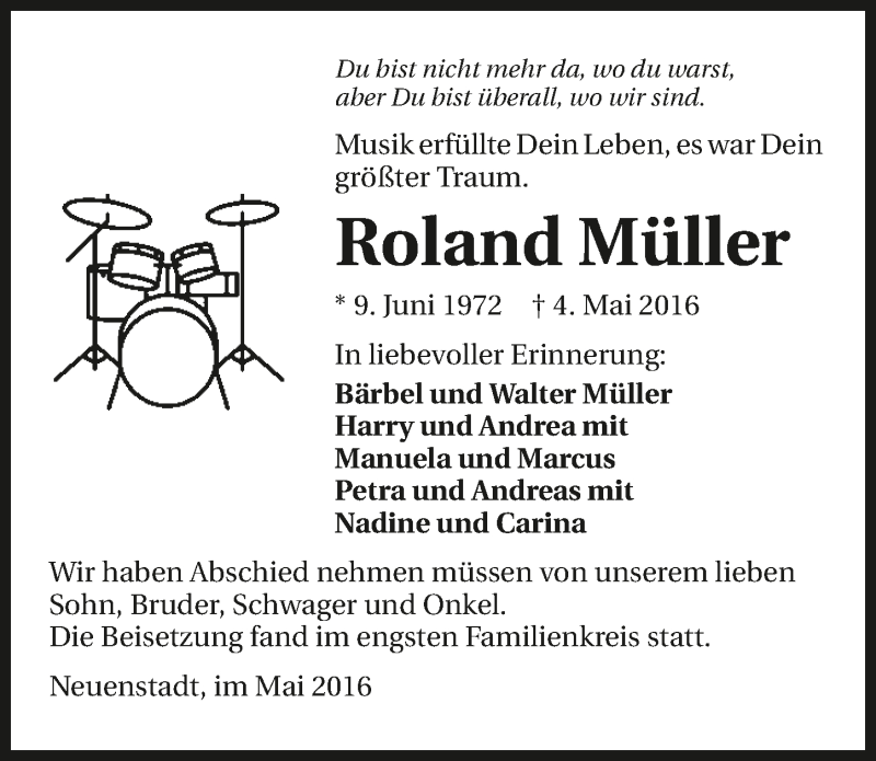  Traueranzeige für Roland Müller vom 13.05.2016 aus 