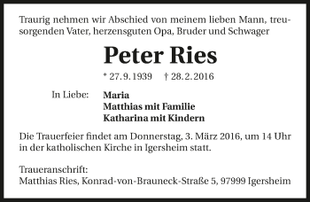 Traueranzeige von Peter Ries 