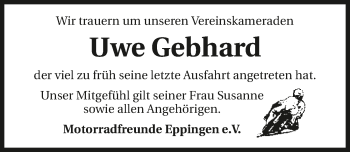 Traueranzeige von Uwe Gebhard 