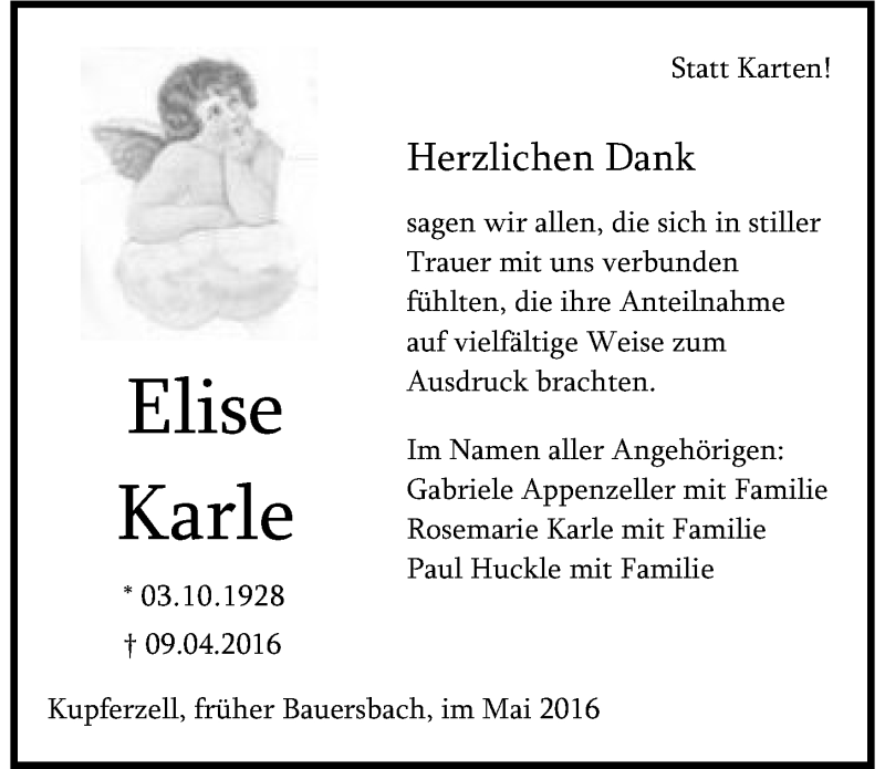  Traueranzeige für Elise Karle vom 03.05.2016 aus 