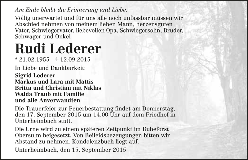  Traueranzeige für Rudi Lederer vom 15.09.2015 aus 
