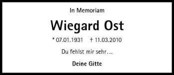 Traueranzeige von Wiegard Ost 