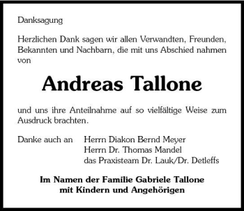 Traueranzeige von Andreas Tallone 