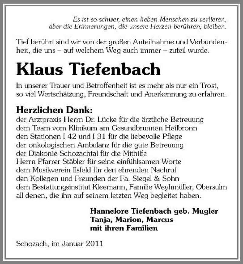  Traueranzeige für Klaus Tiefenbach vom 10.01.2011 aus 