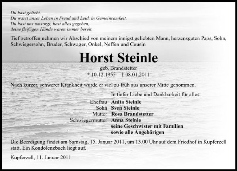  Traueranzeige für Horst Steinle vom 11.01.2011 aus 