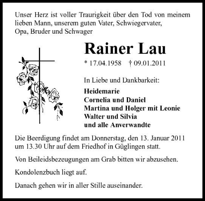  Traueranzeige für Rainer Lau vom 11.01.2011 aus 