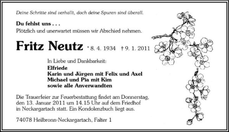  Traueranzeige für Fritz Neutz vom 11.01.2011 aus 