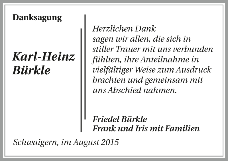  Traueranzeige für Karl-Heinz Bürkle vom 27.08.2015 aus 