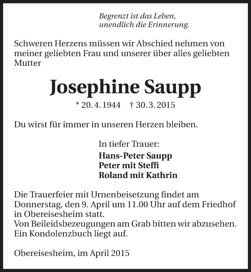  Traueranzeige für Josephine Saupp vom 04.04.2015 aus 