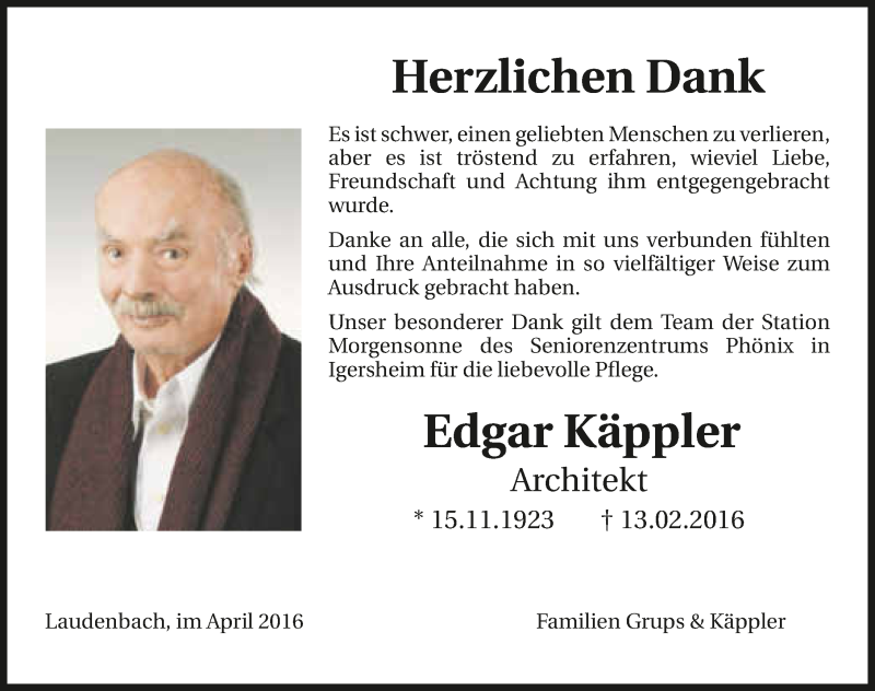  Traueranzeige für Edgar Käppler vom 23.04.2016 aus 
