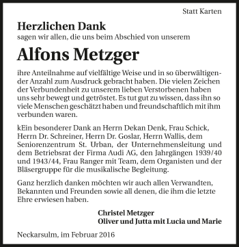 Traueranzeige von Alfons Metzger 