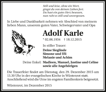 Traueranzeige von Adolf Karle 