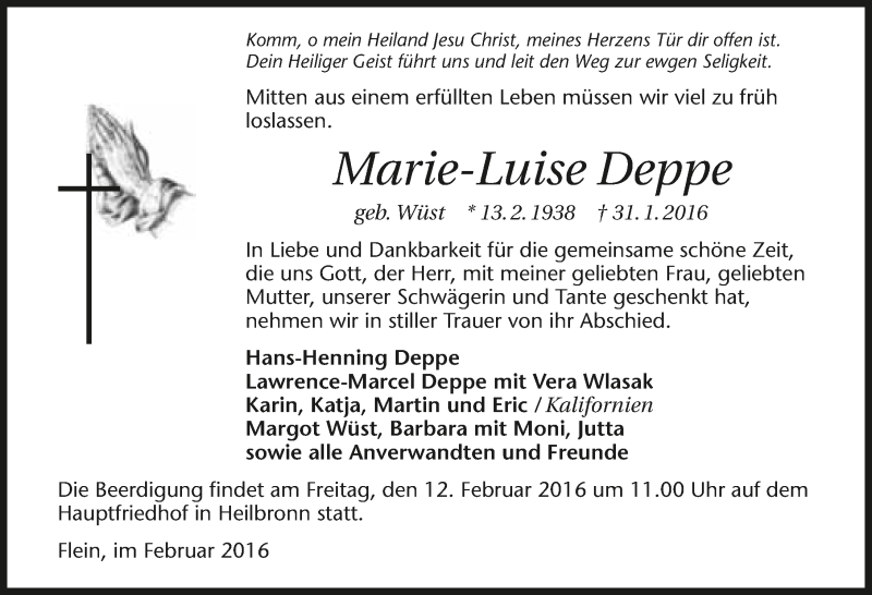  Traueranzeige für Marie-Luise Deppe vom 06.02.2016 aus 
