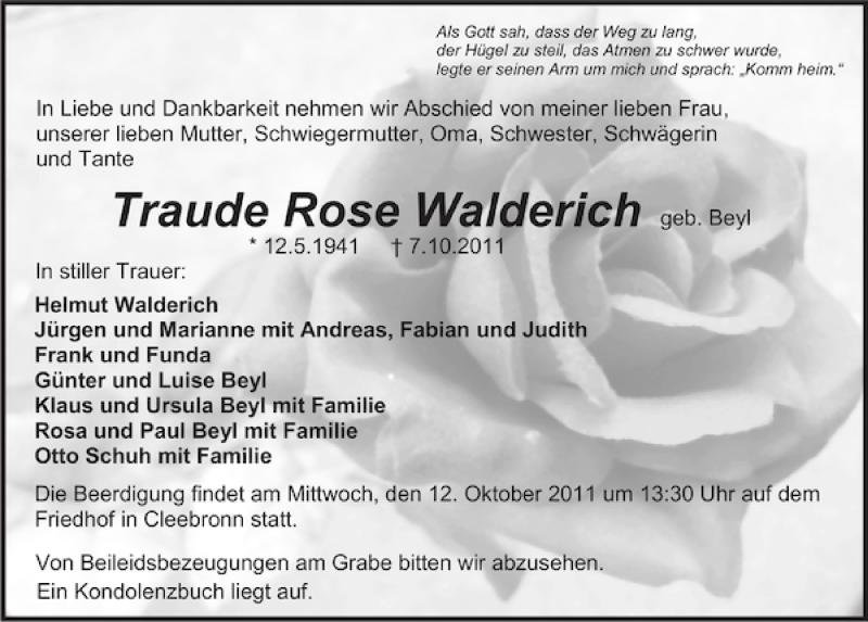 Traueranzeige für Traude Rose Walderich vom 10.10.2011 aus 