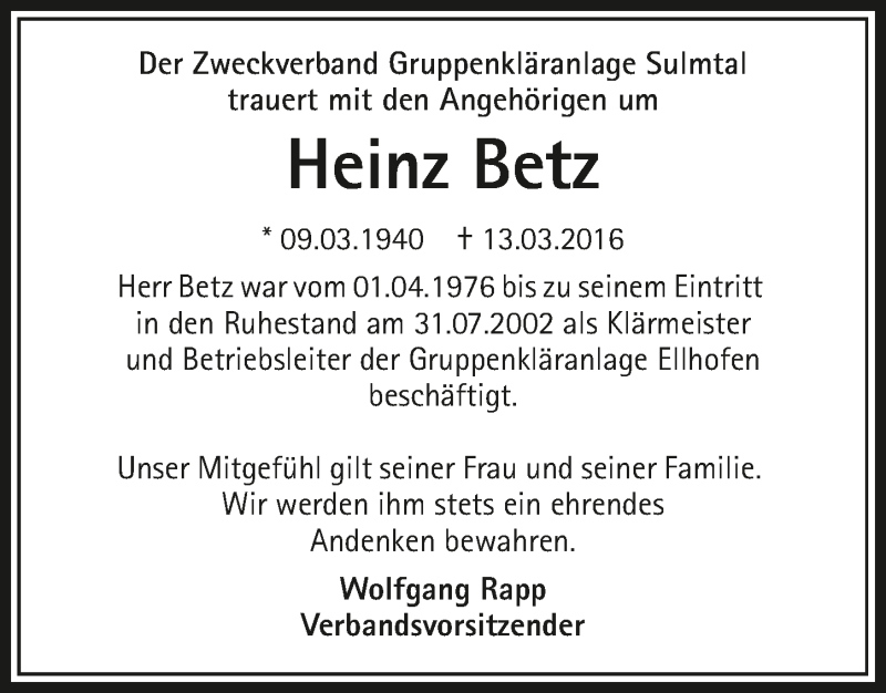  Traueranzeige für Heinz Betz vom 18.03.2016 aus 