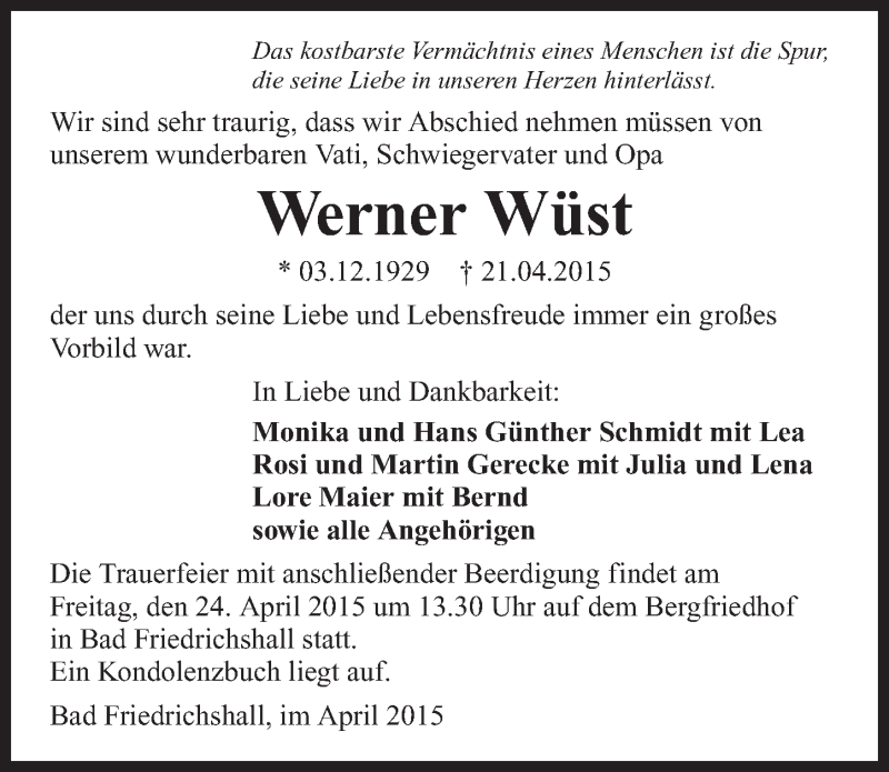  Traueranzeige für Werner Wüst vom 23.04.2015 aus 