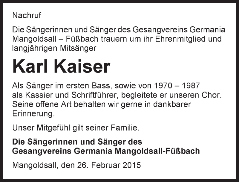  Traueranzeige für Karl Kaiser vom 25.02.2015 aus 