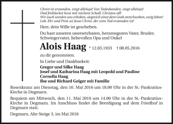 Traueranzeige von Alois Haag 