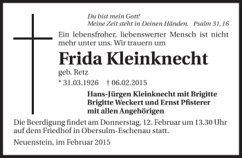 Traueranzeige von Frida Kleinknecht 