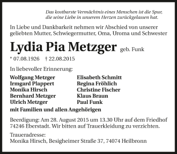 Traueranzeige von Lydia Pia Metzger 