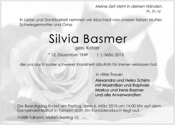 Traueranzeige von Silvia Basmer 
