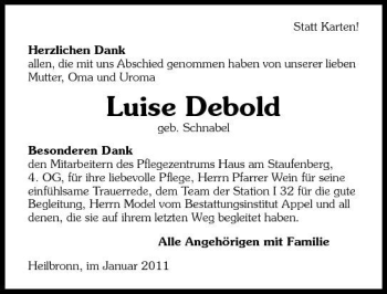 Traueranzeige von Luise Debold 