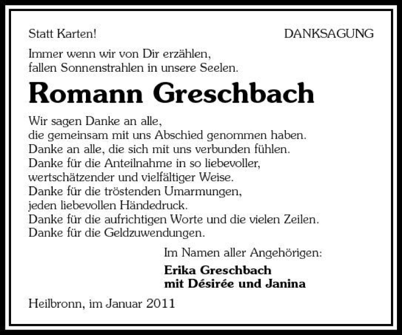  Traueranzeige für Romann Greschbach vom 14.01.2011 aus 