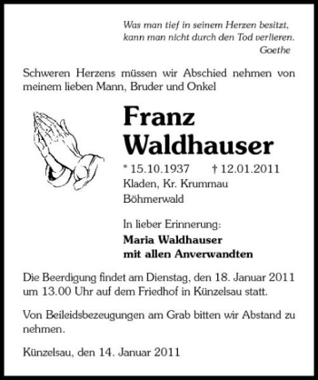 Traueranzeige von Franz Waldhauser 