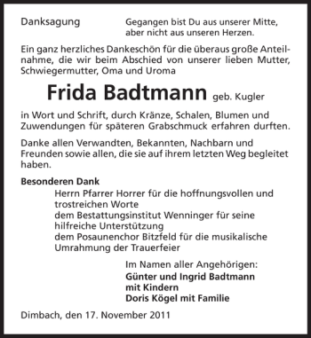 Traueranzeige von Frida Badtmann 