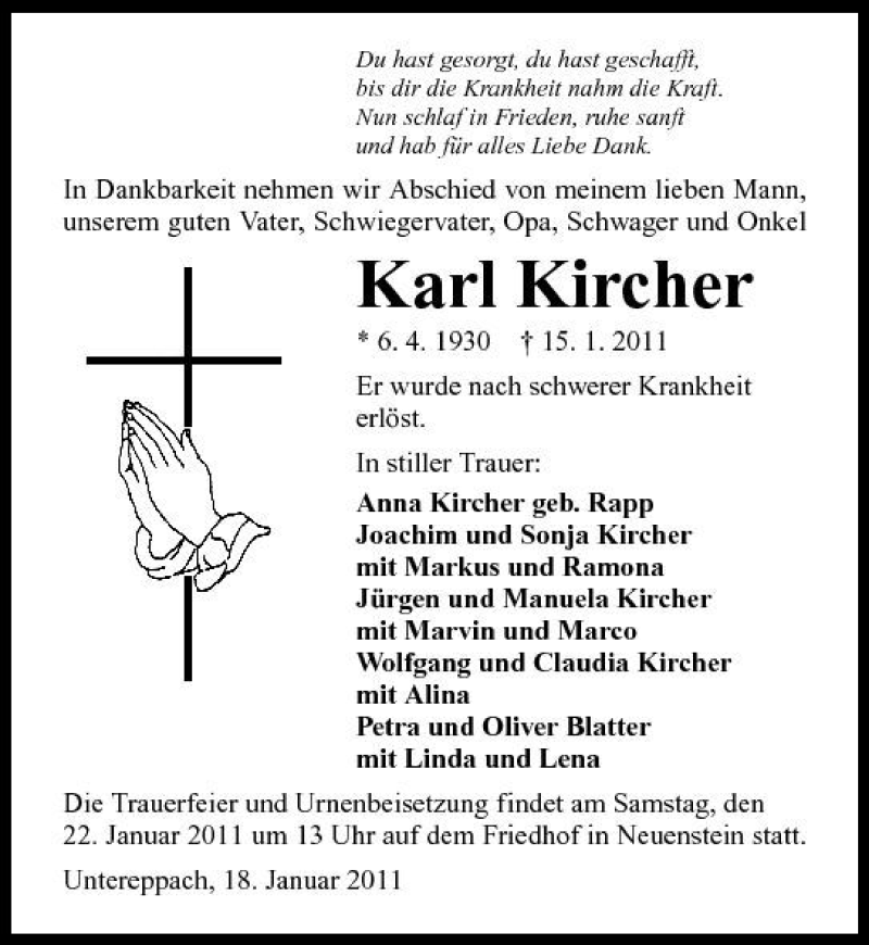  Traueranzeige für Karl Kircher vom 18.01.2011 aus 