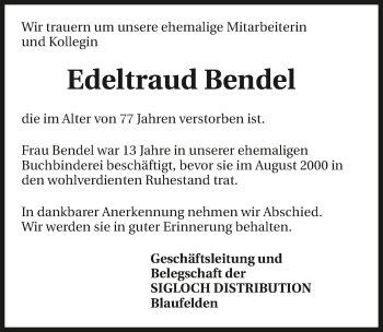 Traueranzeige von Edeltraud Bendel 