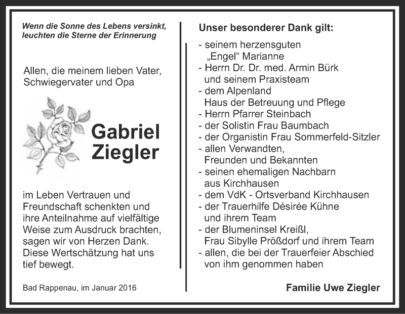  Traueranzeige für Gabriel Ziegler vom 15.01.2016 aus 