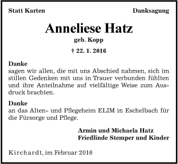 Traueranzeige von Anneliese Hatz 