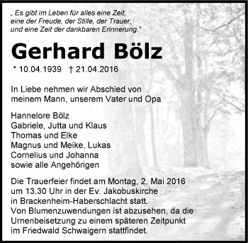Traueranzeige von Gerhard Bölz 
