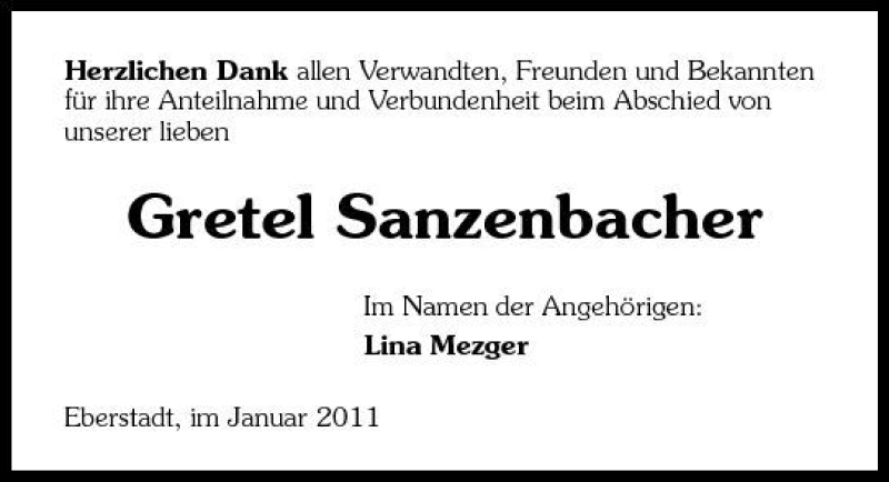 Traueranzeige für Gretel Sanzenbacher vom 20.01.2011 aus 